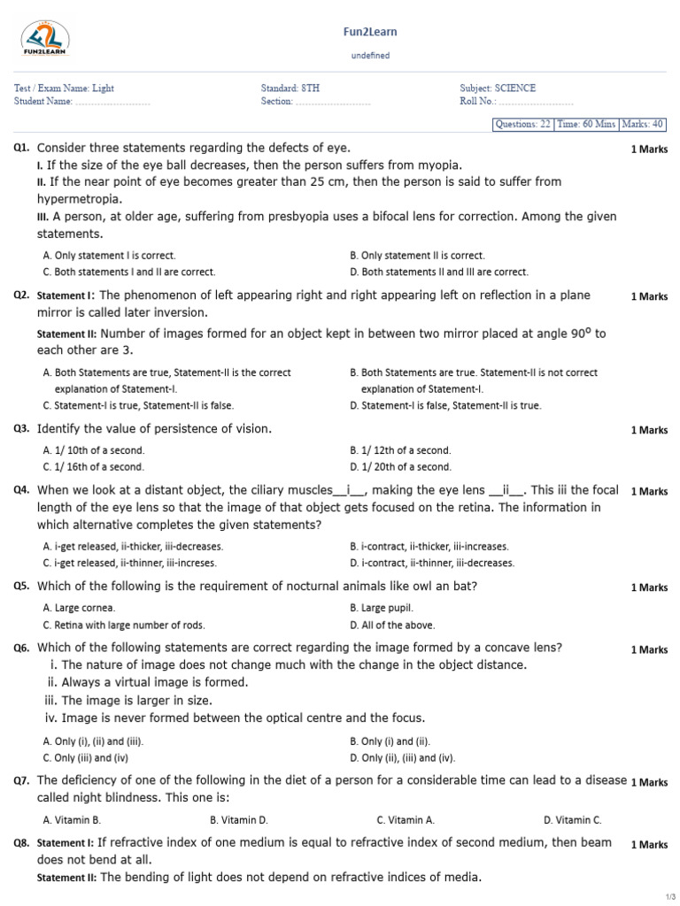Light 8th Science | PDF | Eye | Optics