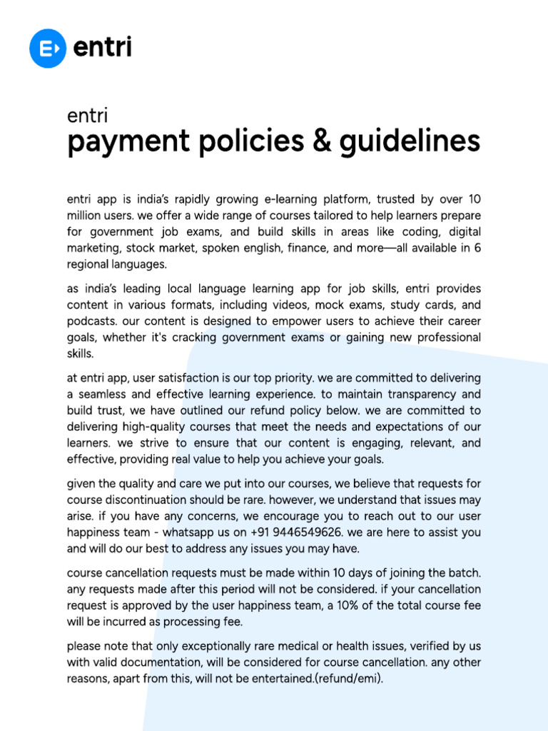Entri App Payment & Refund Policies | PDF | Educational Technology