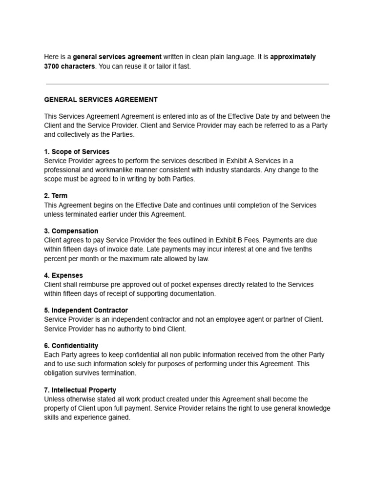 General Services Agreement Template | PDF | Indemnity | Private Law