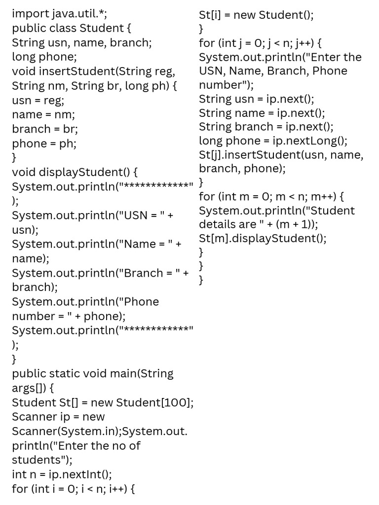 Java Programs for Student Management and Quadratic Equations | PDF ...