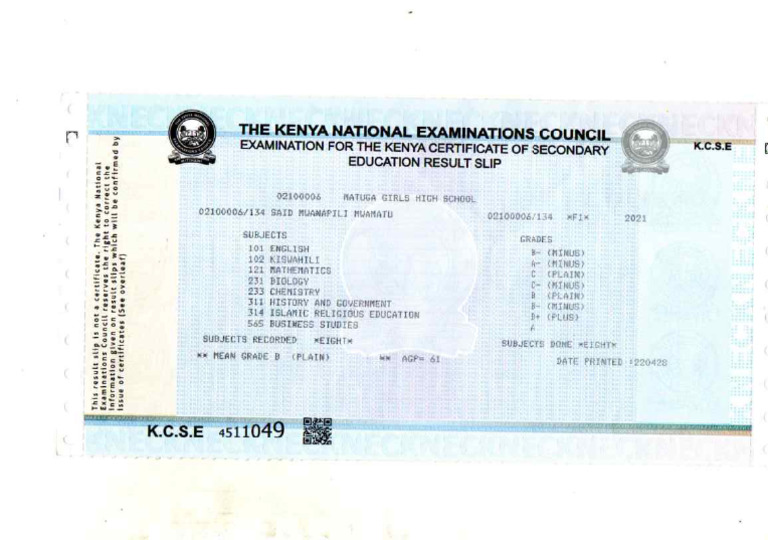 Result Slip Kcse | PDF