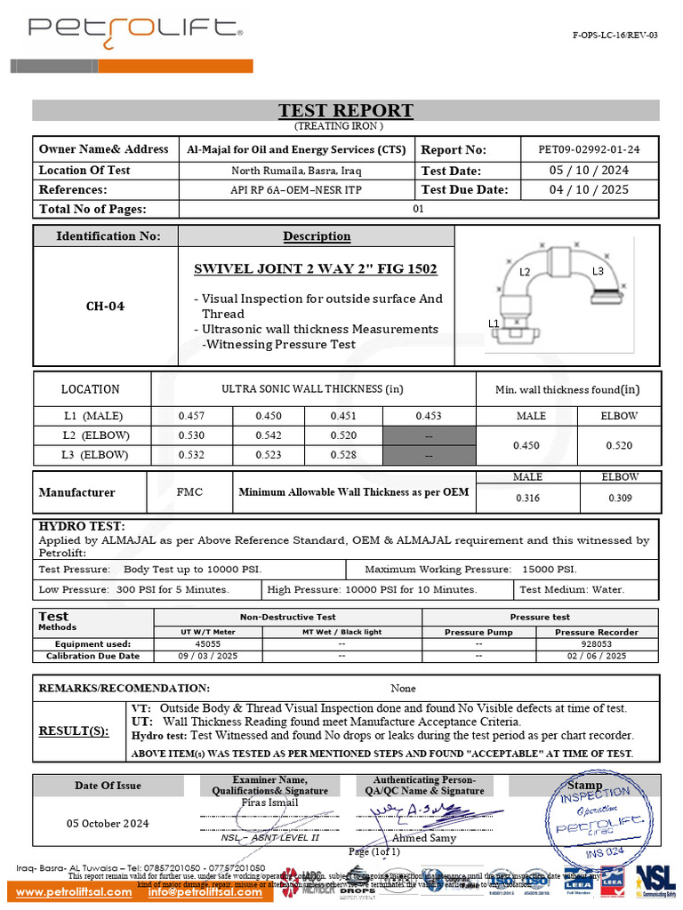 Test Report for Swivel Joint 2