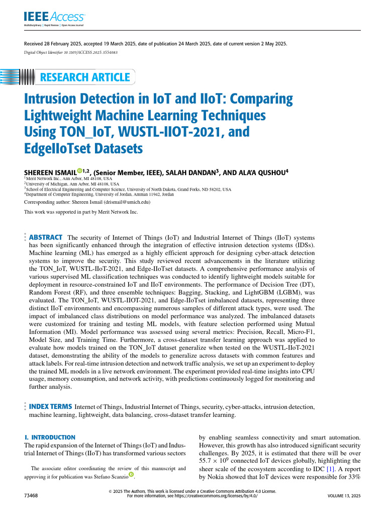 IoT & IIoT Intrusion Detection: ML Techniques | PDF | Machine Learning ...