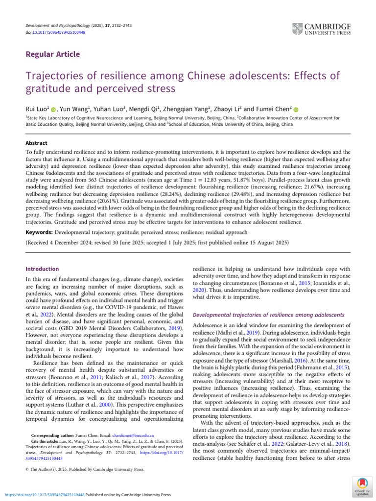 Trajectories of Resilience Among Chinese Adolescents Effects of ...
