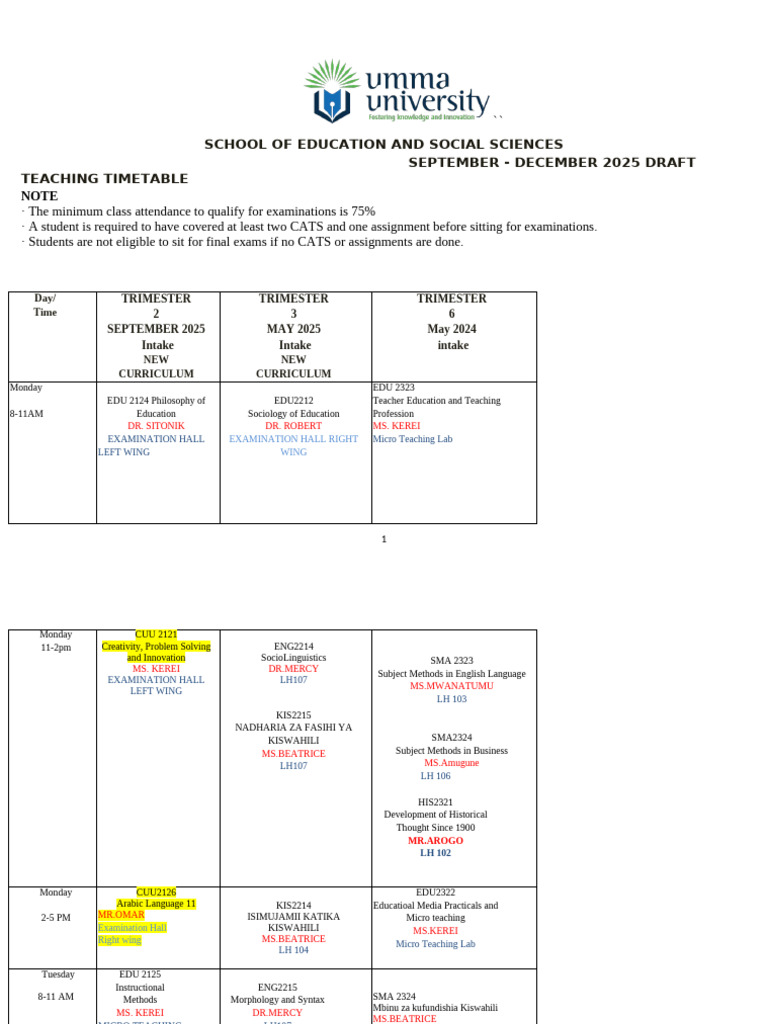 Education Timetable September 2025 | PDF | Liberal Arts Education