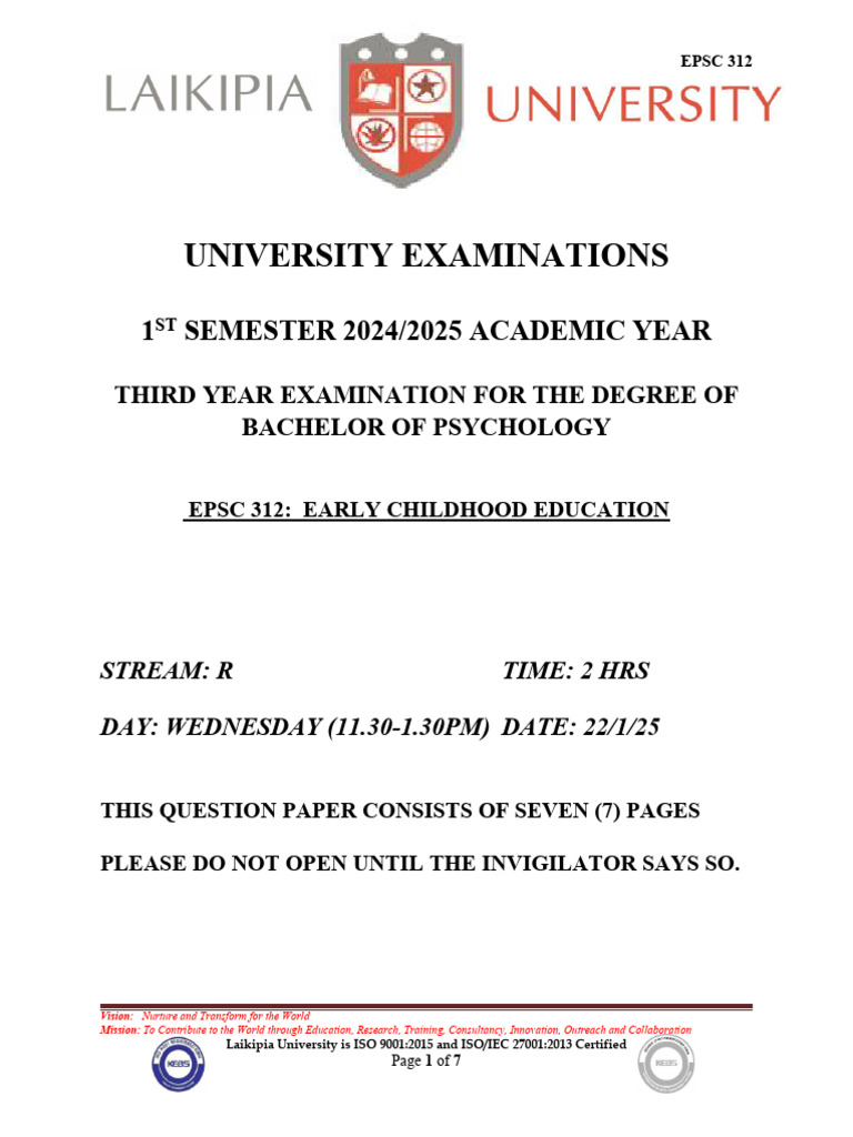 EPSC 312: Early Childhood Education Exam | PDF | Mind | Early Childhood ...