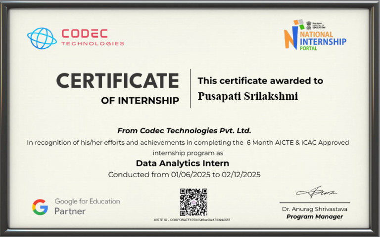 Data Analytics Internship Certificate | PDF