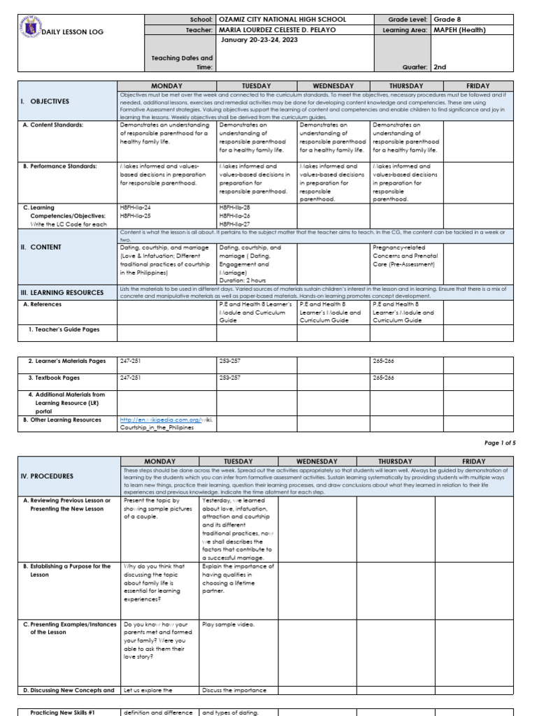 Q2 Grade 8 Health DLL | PDF | Learning | Courtship