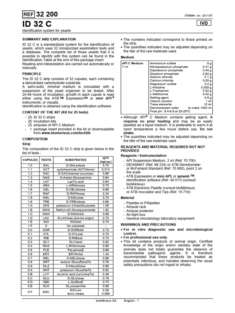 Yeast Identification System ID 32 C | PDF | Candida (Fungus)