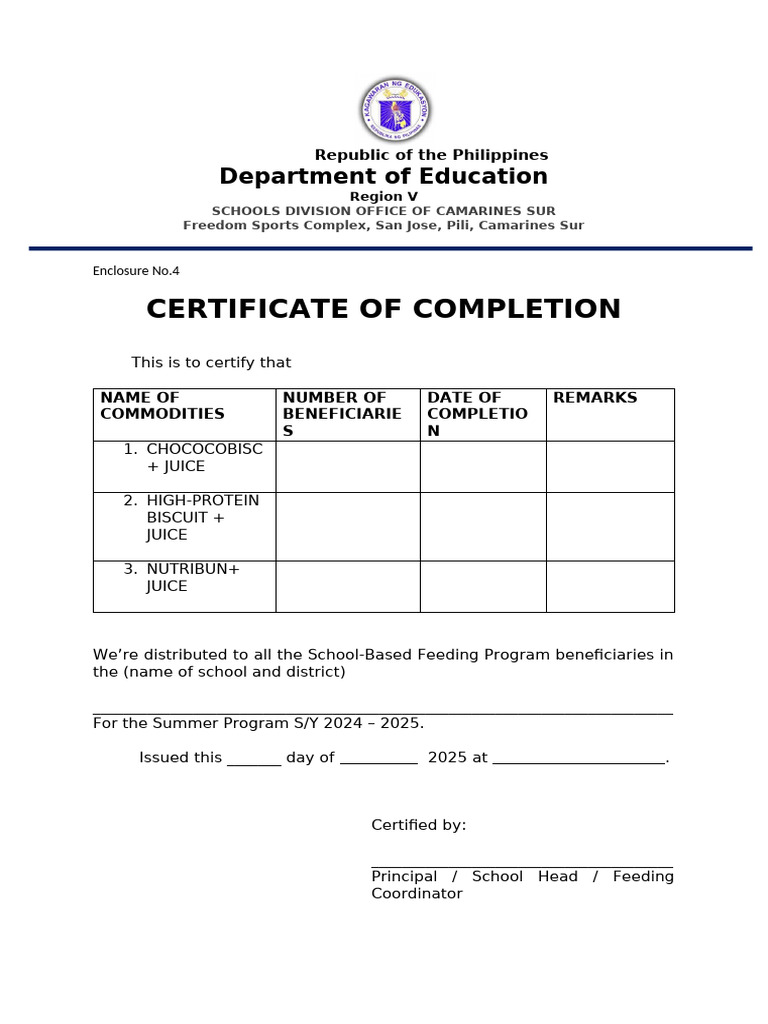 Certificate of Completion for Feeding Program | PDF