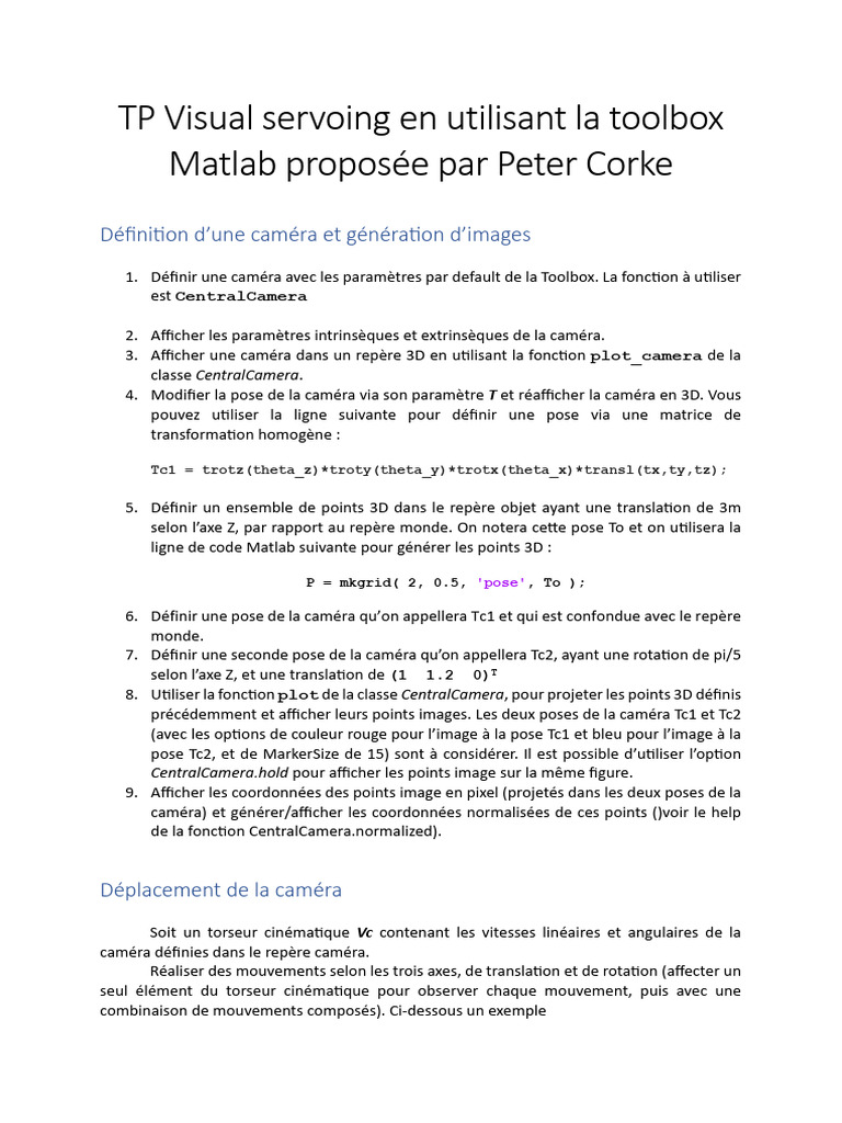 Visual Servoing avec Matlab et Peter Corke | PDF