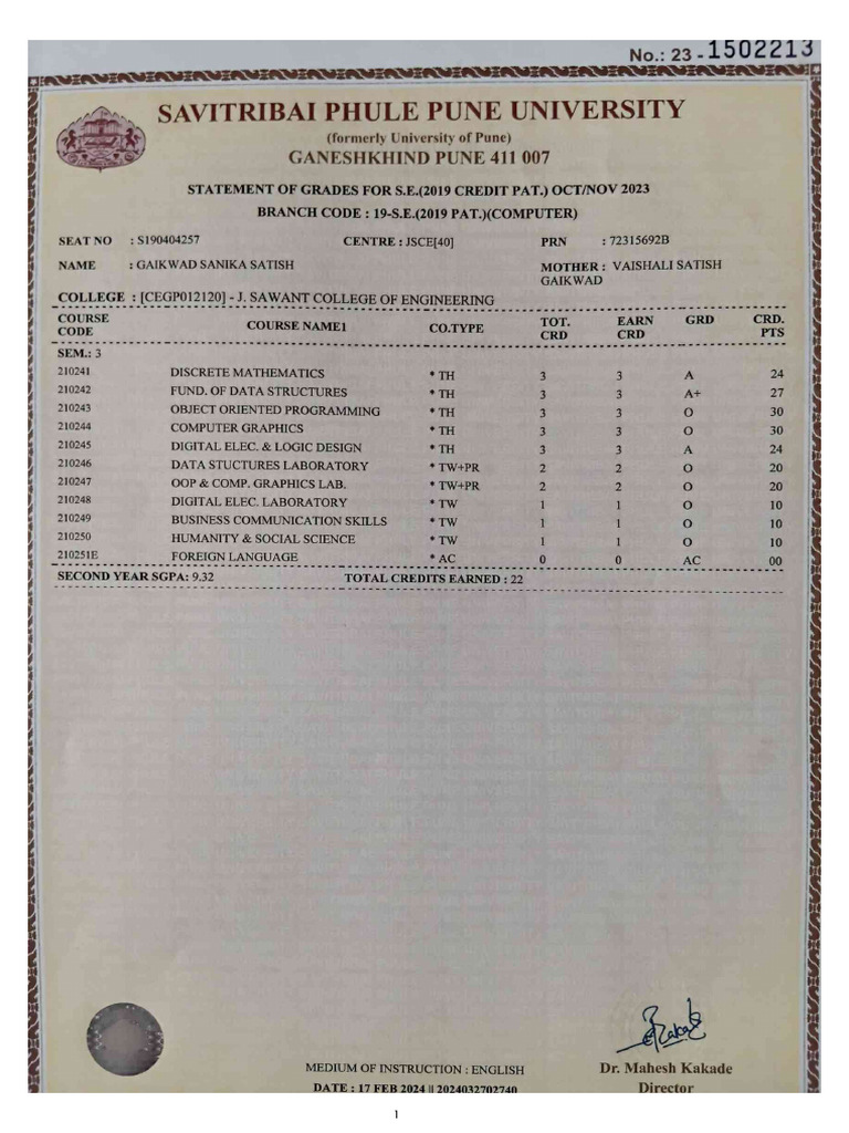 BE All Sem Marksheets | PDF