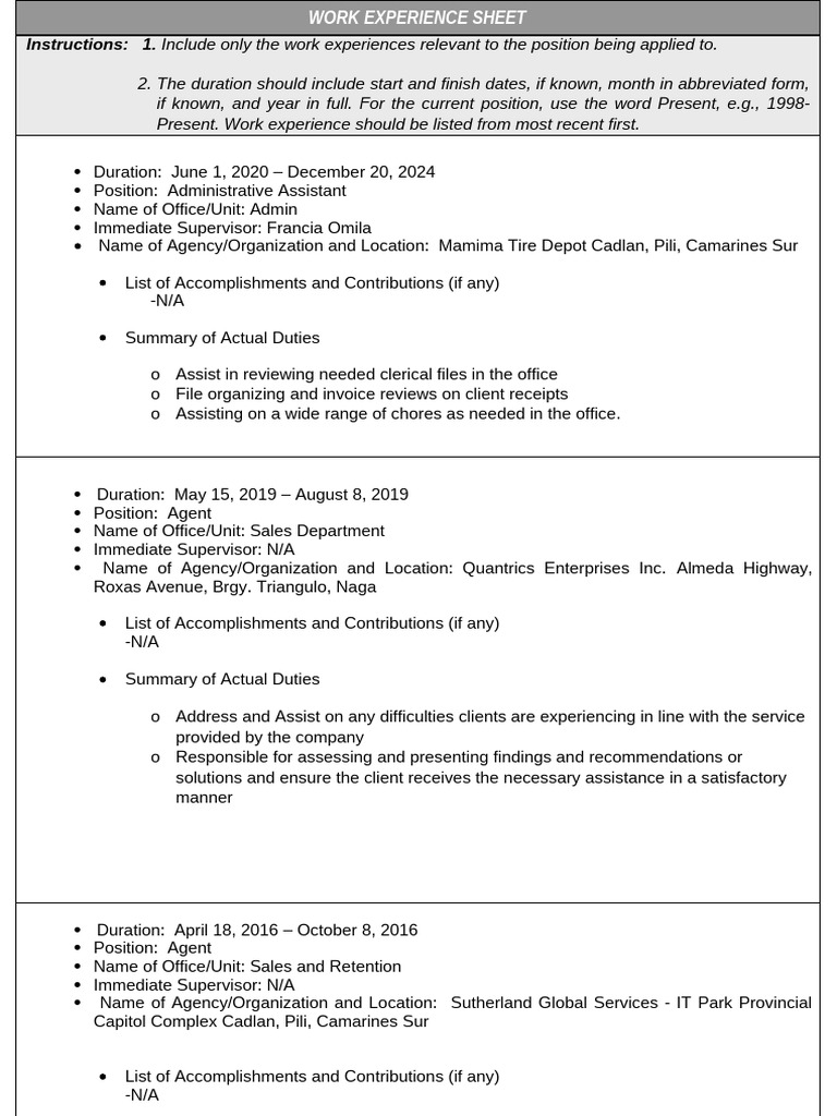 Work Experience Sheet Template | PDF
