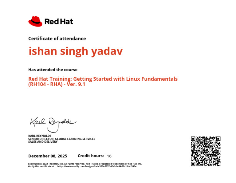 Red Hat Linux Fundamentals Attendance Certificate | PDF