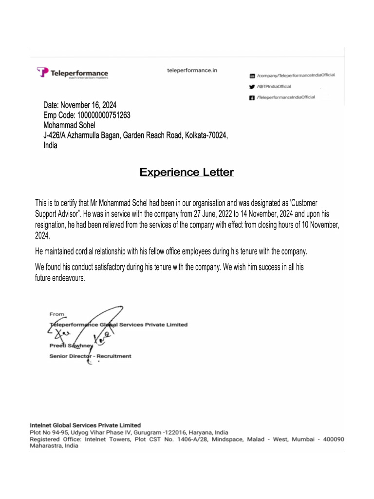 Experience Letter TP | PDF