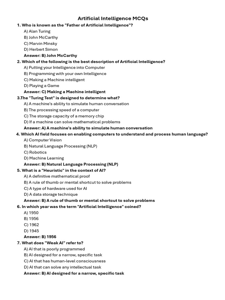 AI Multiple Choice Questions Guide | PDF | Artificial Intelligence ...
