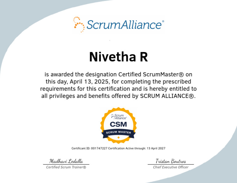 Nivetha R-ScrumAlliance CSM Certificate | PDF