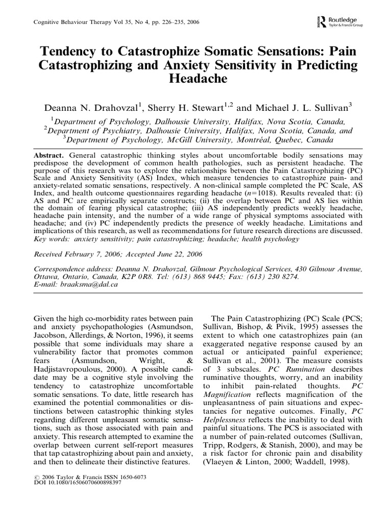 Tendency To Catastrophize Somatic Sensations: Pain Catastrophizing and ...