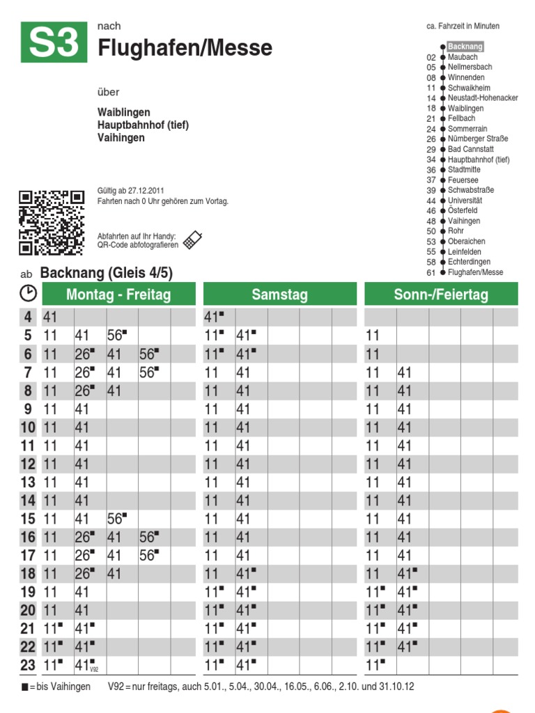 S3 Fahrplan VVS - Backnang Nach Flughafen/Messe Über Stuttgart Hauptbahnhof