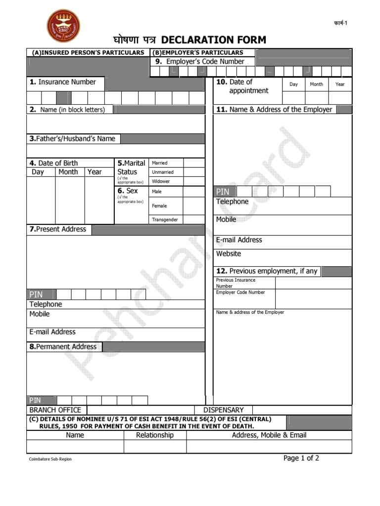 ESI Declaration Form for Insured Persons | PDF