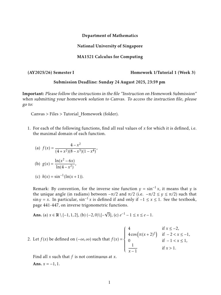 Calculus Homework 1: Domain and Limits | PDF | Function (Mathematics ...