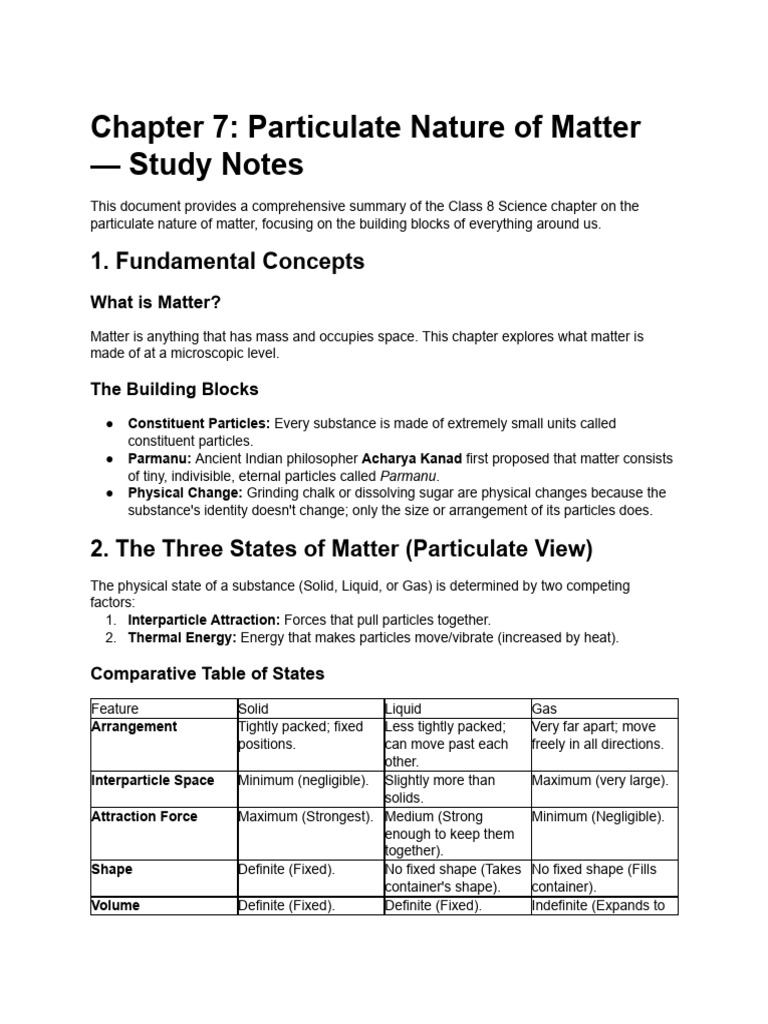 Particulate Nature of Matter Summary | PDF | Matter | Gases
