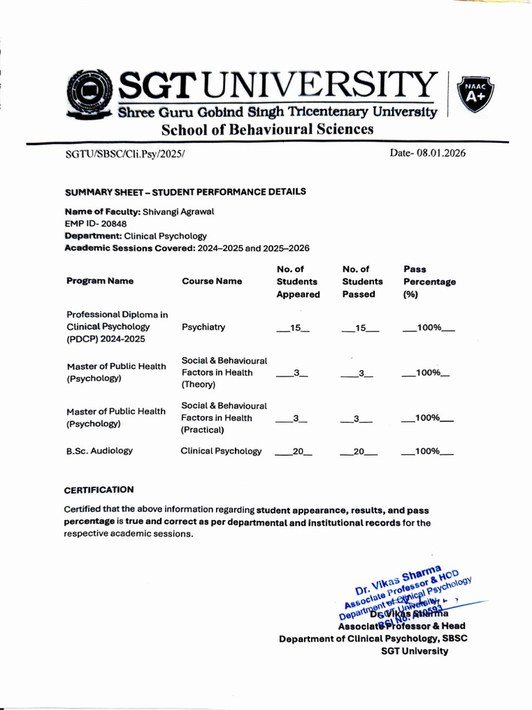Student Performance Summary 2024-2026 | PDF