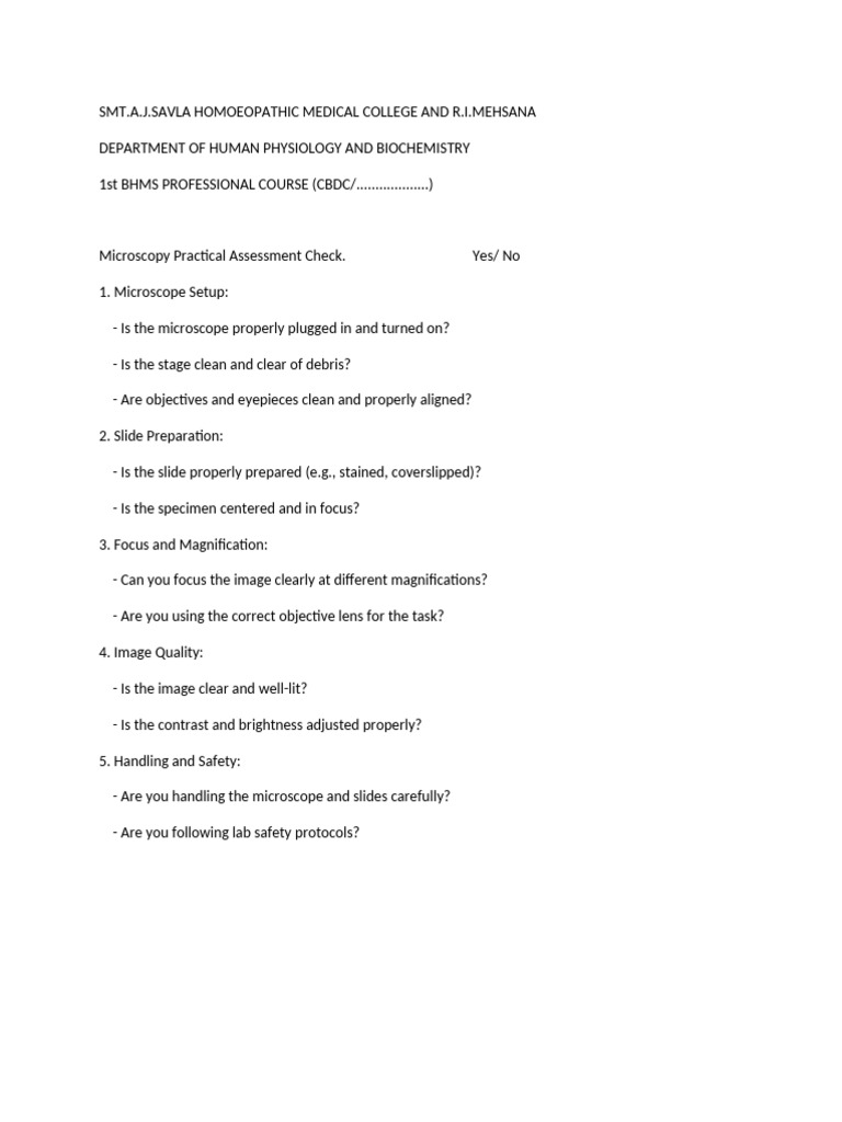 Microscopy Practical Assessment Checklist | PDF