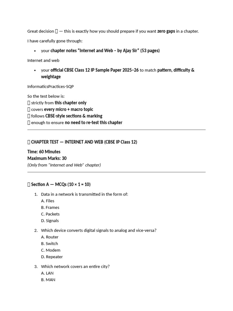 CBSE Class 12 Internet & Web Test | PDF | Computer Network | Network ...