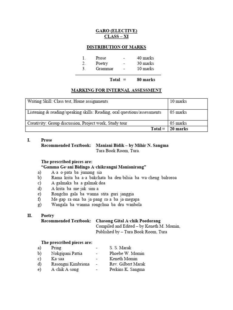 Class XI GARO Elective Marks Distribution | PDF