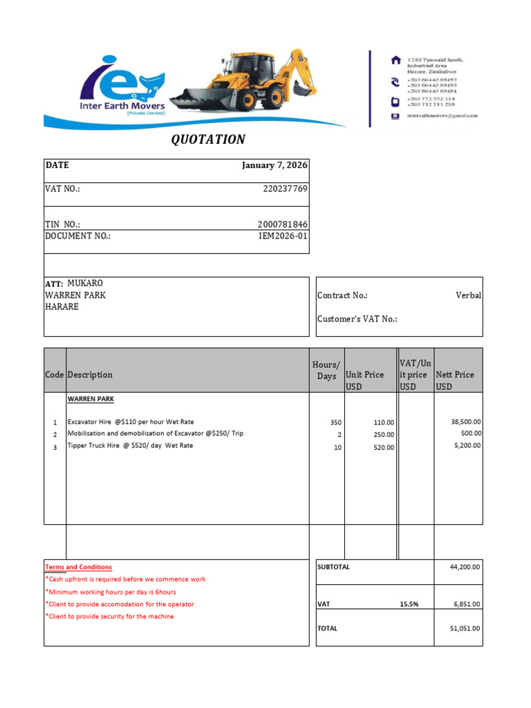 Excavator and Tipper Truck Hire Quote | PDF