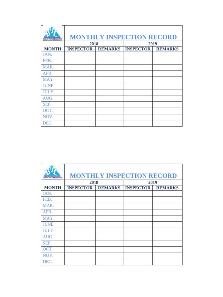 Monthly Inspection Record Template | PDF