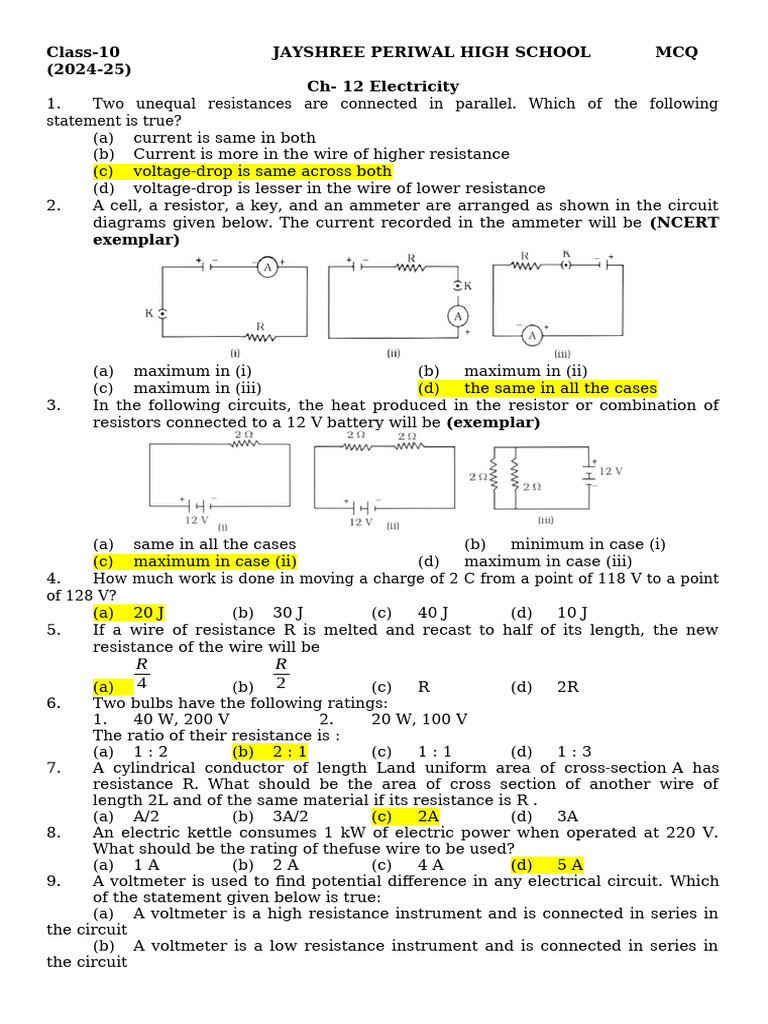 Class 10 Electricity MCQs for 2024-25 | PDF | Series And Parallel ...