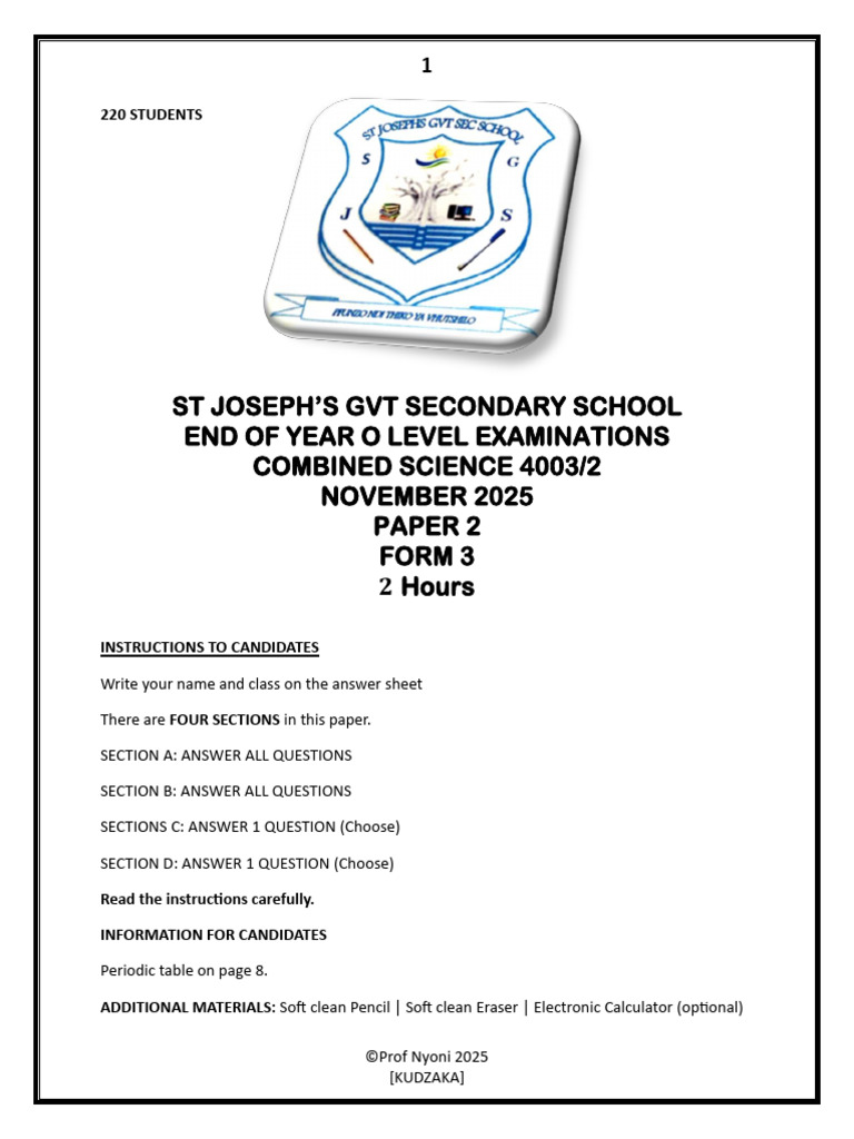 F3 END OF YEAR COMBINED SCIENCE P2 | PDF | Chemical Substances | Chemistry