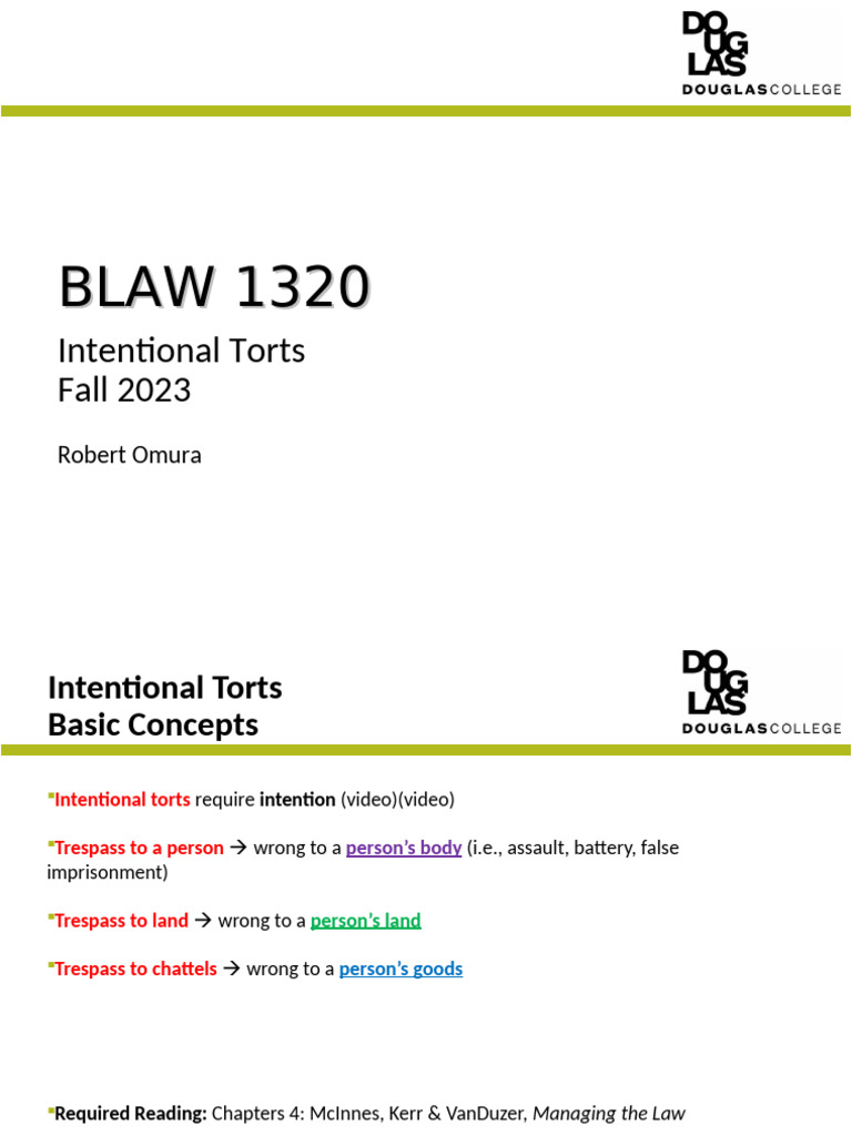Understanding Intentional Torts Basics | PDF | Conversion (Law) | Trespass