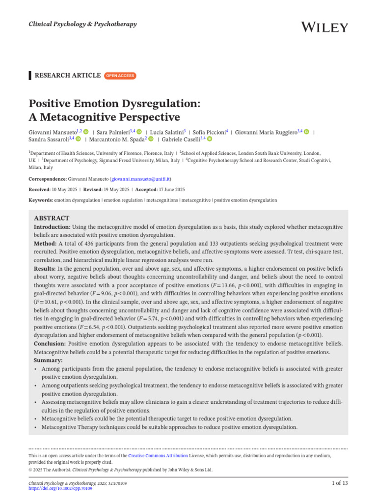 Positive Emotion Dysregulation | PDF | Metacognition | Psychology
