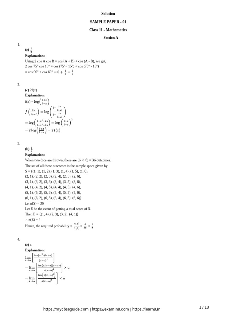 Class 11 Mathematics Sample Paper Solutions | PDF | Variance ...