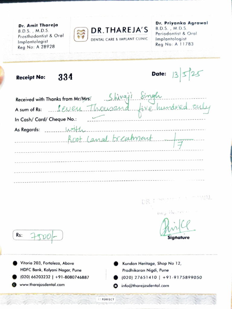 Dental Services Receipt - Thareja Clinic | PDF