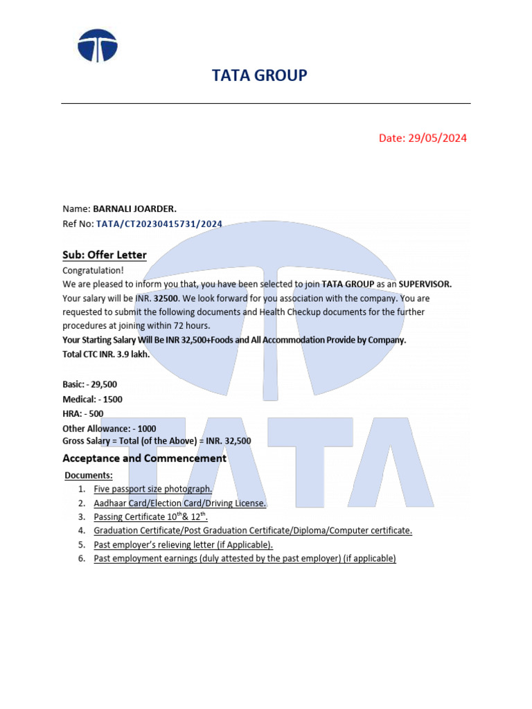 TATA Group Supervisor Offer Letter | PDF