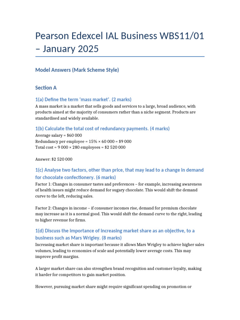 Edexcel IAL Business WBS11/01 Model Answers | PDF