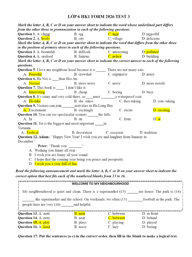 L P 6 Hk1 Form 2026 Test 3 Key | PDF