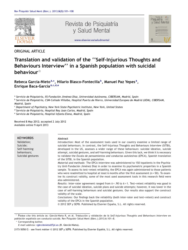Validation of Self-Injurious Behaviours Interview in Spain | PDF ...