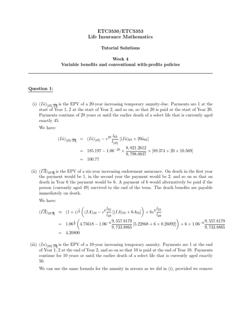 Life Insurance Mathematics Tutorial Solutions | PDF | Mathematics ...