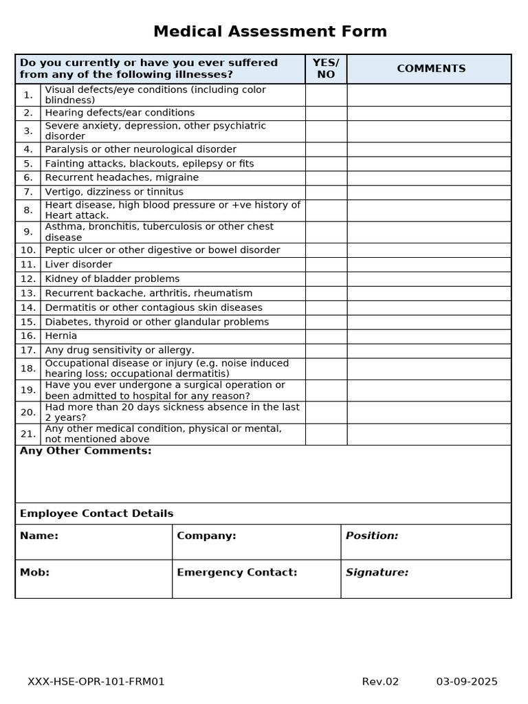 Comprehensive Medical Assessment Form | PDF