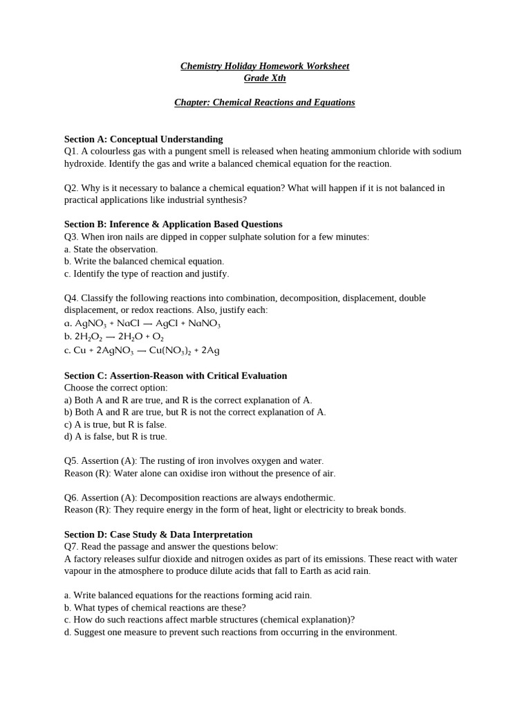 Grade X Chemistry: Chemical Reactions Worksheet | PDF | Chemical ...