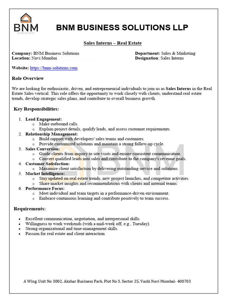 Sales Interns in Real Estate - BNM Solutions | PDF
