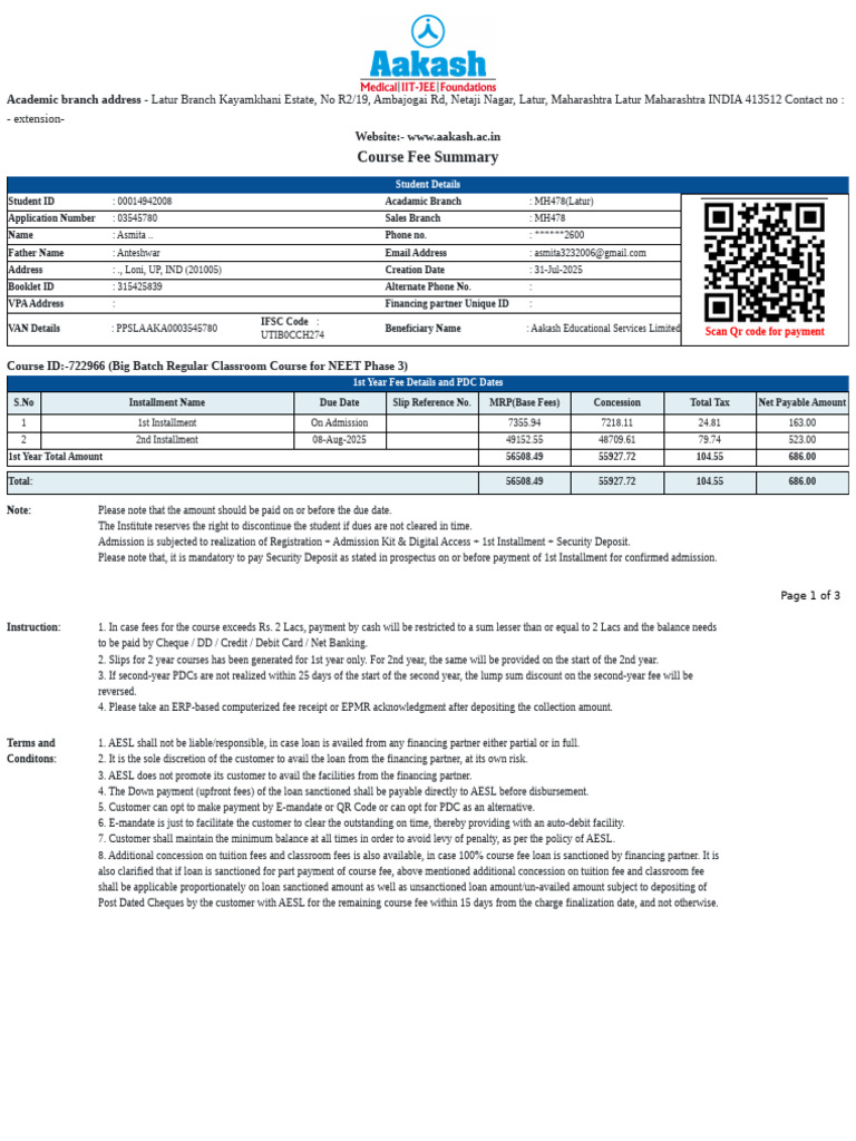 Latur Branch Course Fee Details | PDF | Credit Card | Money