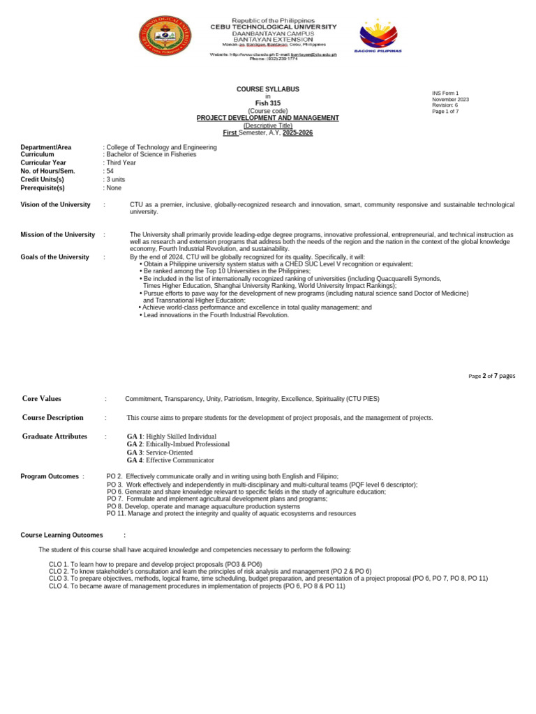 Fish 315: Project Development Syllabus | PDF | Project Management ...