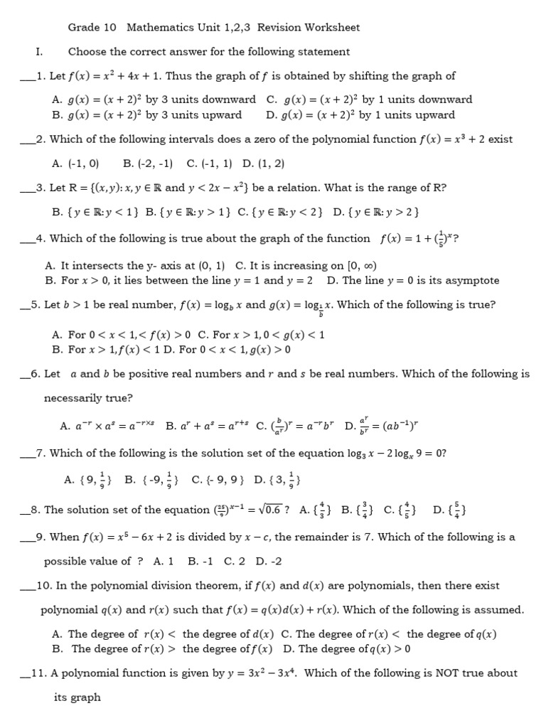 Grade 10 Math Revision Worksheet | PDF | Polynomial | Function ...