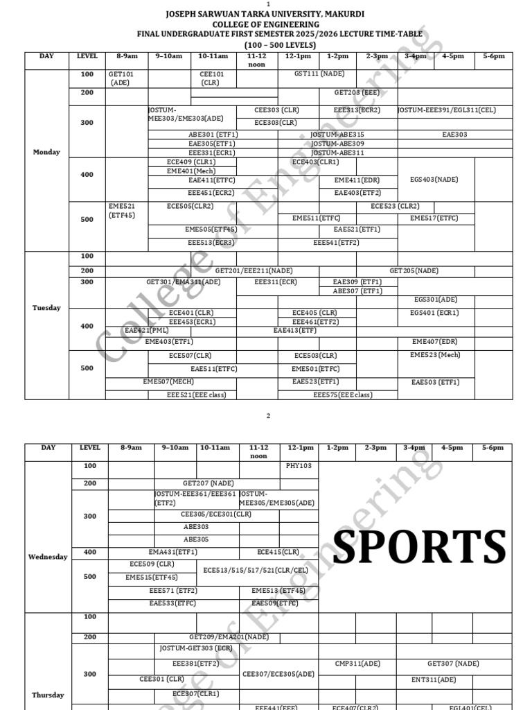Joseph Tarka University Engineering Timetable | PDF